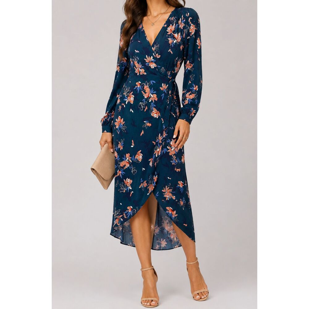ASTR The Label Women’s M Teal Floral Wrap Midi Dress Long Sleeve V Neck Tie